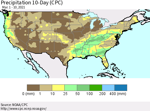 United States Precipitation 10-Day (CPC) Thematic Map For 3/1/2021 - 3/10/2021