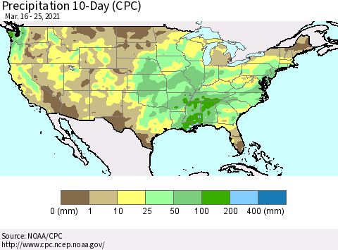 United States Precipitation 10-Day (CPC) Thematic Map For 3/16/2021 - 3/25/2021