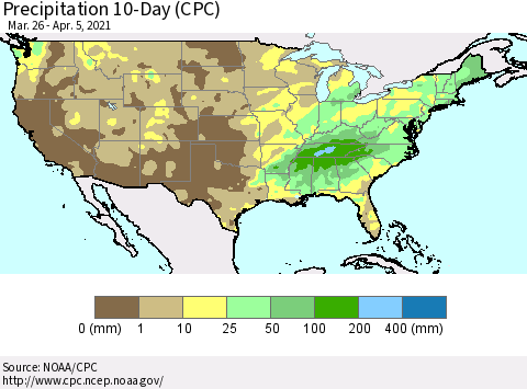 United States Precipitation 10-Day (CPC) Thematic Map For 3/26/2021 - 4/5/2021
