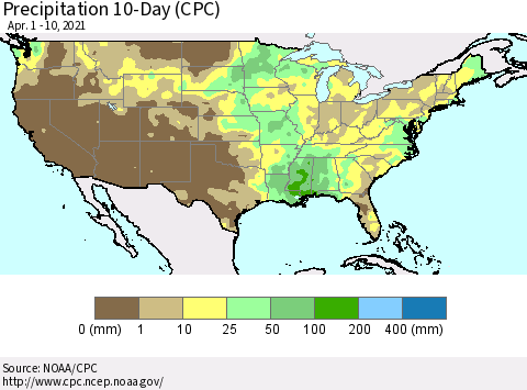 United States Precipitation 10-Day (CPC) Thematic Map For 4/1/2021 - 4/10/2021