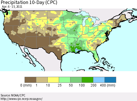 United States Precipitation 10-Day (CPC) Thematic Map For 4/6/2021 - 4/15/2021