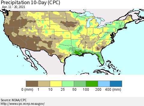 United States Precipitation 10-Day (CPC) Thematic Map For 4/11/2021 - 4/20/2021