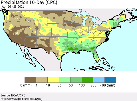 United States Precipitation 10-Day (CPC) Thematic Map For 4/16/2021 - 4/25/2021