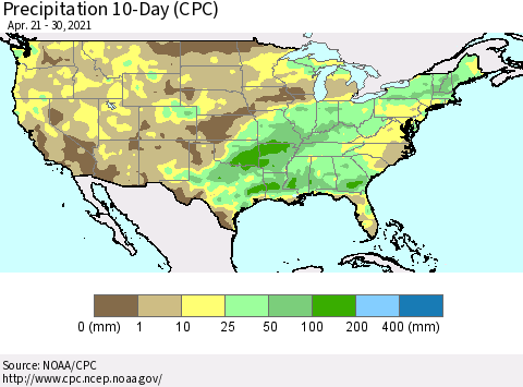 United States Precipitation 10-Day (CPC) Thematic Map For 4/21/2021 - 4/30/2021