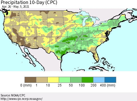 United States Precipitation 10-Day (CPC) Thematic Map For 4/26/2021 - 5/5/2021