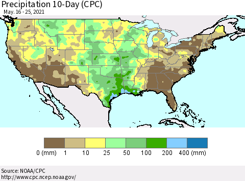 United States Precipitation 10-Day (CPC) Thematic Map For 5/16/2021 - 5/25/2021