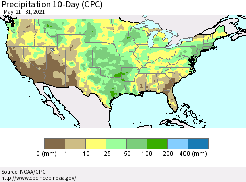 United States Precipitation 10-Day (CPC) Thematic Map For 5/21/2021 - 5/31/2021