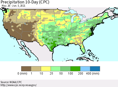 United States Precipitation 10-Day (CPC) Thematic Map For 5/26/2021 - 6/5/2021