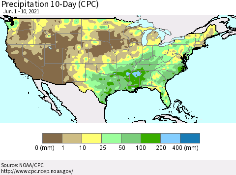 United States Precipitation 10-Day (CPC) Thematic Map For 6/1/2021 - 6/10/2021