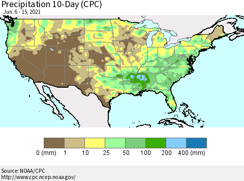 United States Precipitation 10-Day (CPC) Thematic Map For 6/6/2021 - 6/15/2021