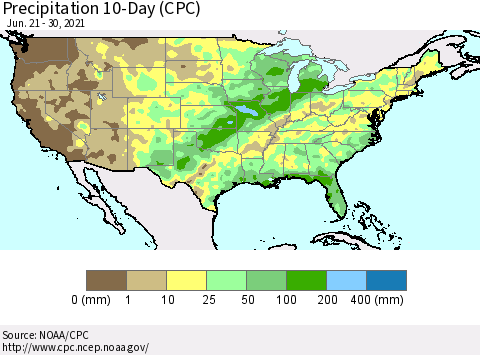 United States Precipitation 10-Day (CPC) Thematic Map For 6/21/2021 - 6/30/2021