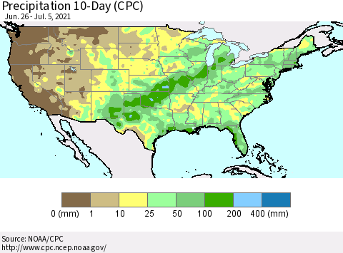 United States Precipitation 10-Day (CPC) Thematic Map For 6/26/2021 - 7/5/2021