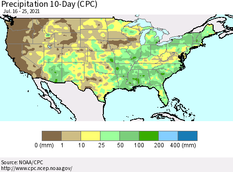 United States Precipitation 10-Day (CPC) Thematic Map For 7/16/2021 - 7/25/2021