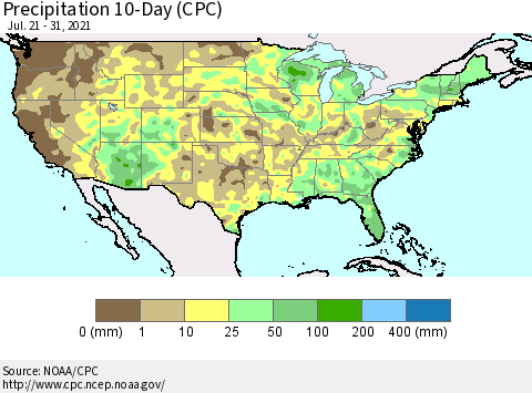United States Precipitation 10-Day (CPC) Thematic Map For 7/21/2021 - 7/31/2021