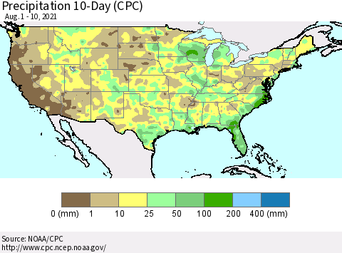 United States Precipitation 10-Day (CPC) Thematic Map For 8/1/2021 - 8/10/2021