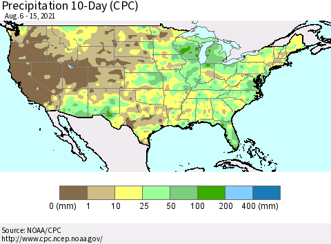 United States Precipitation 10-Day (CPC) Thematic Map For 8/6/2021 - 8/15/2021