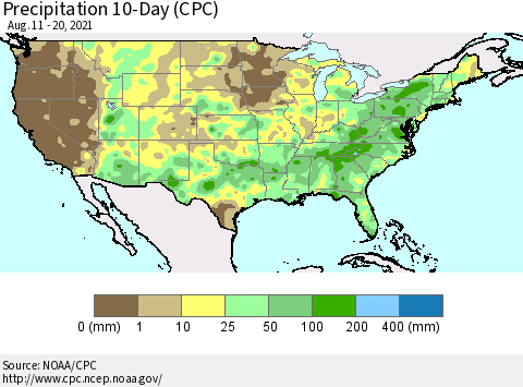 United States Precipitation 10-Day (CPC) Thematic Map For 8/11/2021 - 8/20/2021