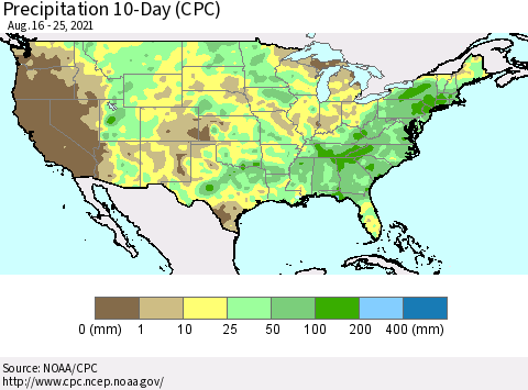 United States Precipitation 10-Day (CPC) Thematic Map For 8/16/2021 - 8/25/2021