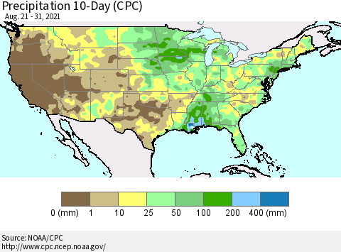 United States Precipitation 10-Day (CPC) Thematic Map For 8/21/2021 - 8/31/2021