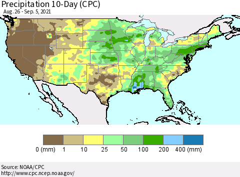 United States Precipitation 10-Day (CPC) Thematic Map For 8/26/2021 - 9/5/2021