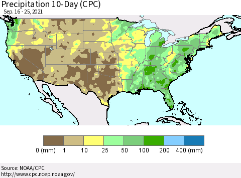 United States Precipitation 10-Day (CPC) Thematic Map For 9/16/2021 - 9/25/2021