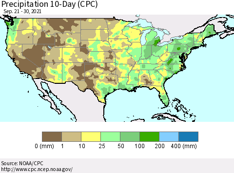 United States Precipitation 10-Day (CPC) Thematic Map For 9/21/2021 - 9/30/2021