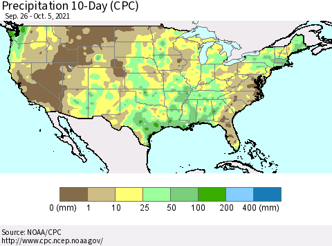 United States Precipitation 10-Day (CPC) Thematic Map For 9/26/2021 - 10/5/2021