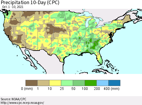 United States Precipitation 10-Day (CPC) Thematic Map For 10/1/2021 - 10/10/2021