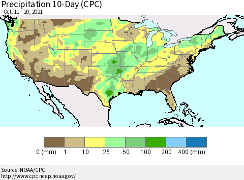 United States Precipitation 10-Day (CPC) Thematic Map For 10/11/2021 - 10/20/2021