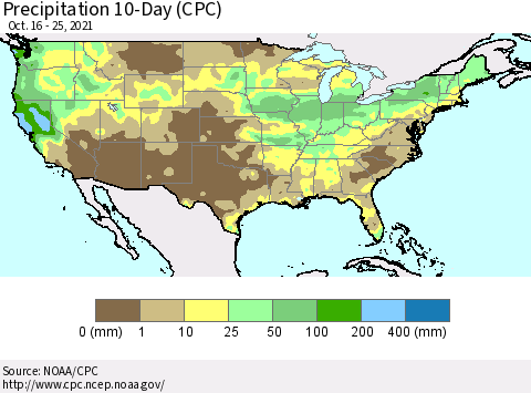 United States Precipitation 10-Day (CPC) Thematic Map For 10/16/2021 - 10/25/2021
