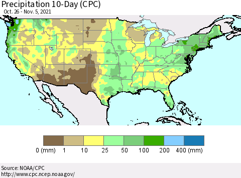 United States Precipitation 10-Day (CPC) Thematic Map For 10/26/2021 - 11/5/2021