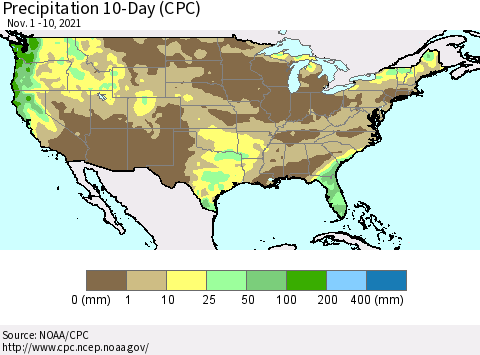 United States Precipitation 10-Day (CPC) Thematic Map For 11/1/2021 - 11/10/2021
