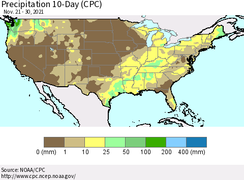United States Precipitation 10-Day (CPC) Thematic Map For 11/21/2021 - 11/30/2021