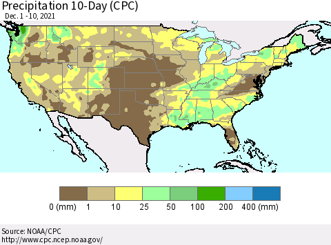 United States Precipitation 10-Day (CPC) Thematic Map For 12/1/2021 - 12/10/2021