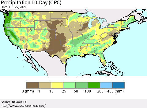 United States Precipitation 10-Day (CPC) Thematic Map For 12/16/2021 - 12/25/2021