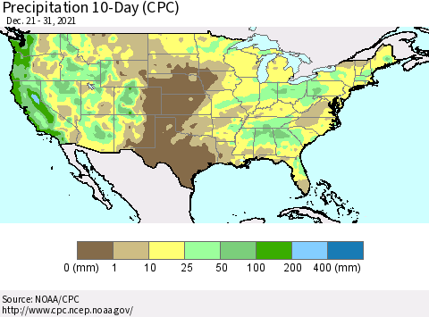 United States Precipitation 10-Day (CPC) Thematic Map For 12/21/2021 - 12/31/2021