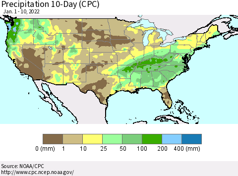 United States Precipitation 10-Day (CPC) Thematic Map For 1/1/2022 - 1/10/2022