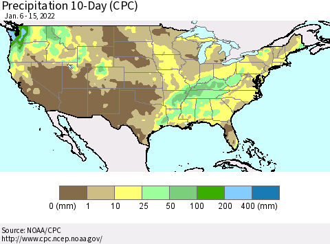 United States Precipitation 10-Day (CPC) Thematic Map For 1/6/2022 - 1/15/2022