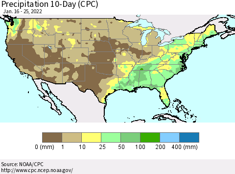 United States Precipitation 10-Day (CPC) Thematic Map For 1/16/2022 - 1/25/2022