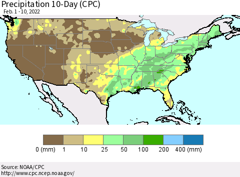 United States Precipitation 10-Day (CPC) Thematic Map For 2/1/2022 - 2/10/2022