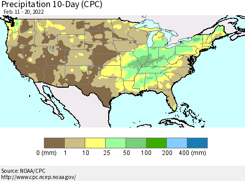 United States Precipitation 10-Day (CPC) Thematic Map For 2/11/2022 - 2/20/2022