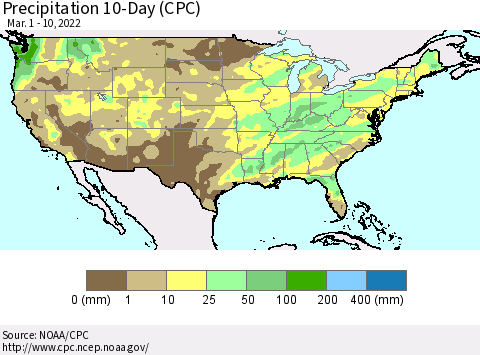 United States Precipitation 10-Day (CPC) Thematic Map For 3/1/2022 - 3/10/2022