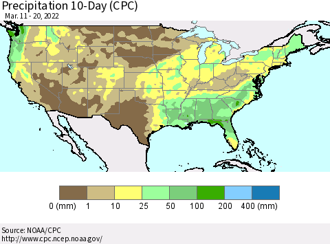 United States Precipitation 10-Day (CPC) Thematic Map For 3/11/2022 - 3/20/2022