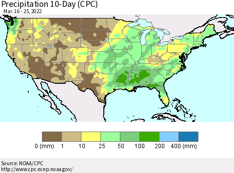 United States Precipitation 10-Day (CPC) Thematic Map For 3/16/2022 - 3/25/2022