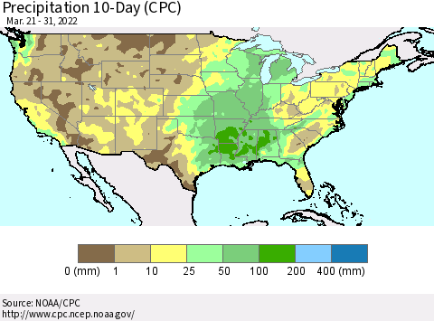 United States Precipitation 10-Day (CPC) Thematic Map For 3/21/2022 - 3/31/2022