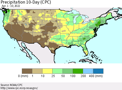 United States Precipitation 10-Day (CPC) Thematic Map For 4/1/2022 - 4/10/2022