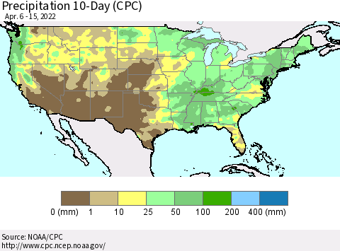 United States Precipitation 10-Day (CPC) Thematic Map For 4/6/2022 - 4/15/2022