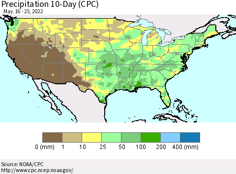United States Precipitation 10-Day (CPC) Thematic Map For 5/16/2022 - 5/25/2022
