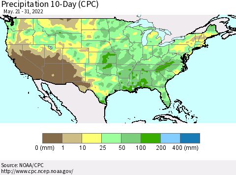 United States Precipitation 10-Day (CPC) Thematic Map For 5/21/2022 - 5/31/2022