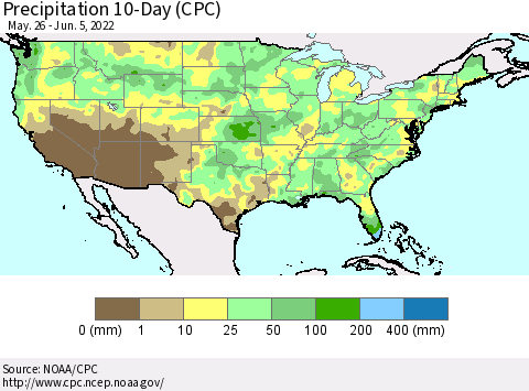 United States Precipitation 10-Day (CPC) Thematic Map For 5/26/2022 - 6/5/2022